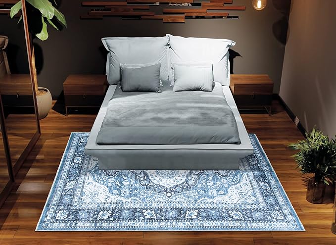 Bloom Rugs Caria Washable Non-Slip 4x6 Rug - Blue Traditional Area Rug for Living Room, Bedroom, Dining Room, and Kitchen - Exact Size: 4' x 6'