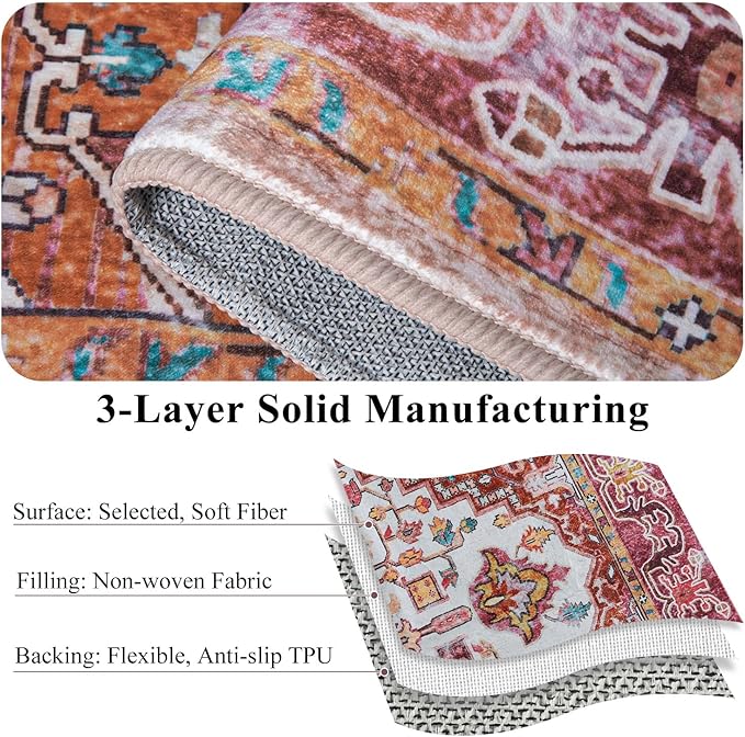 Large Area Rugs 8x10 for Living Room, Washable Vintage Rugs -Low Pile, Soft Plush Rugs for Bedroom, Kitchen, Dining Room, Stain Resistant, Non Shedding, Plum