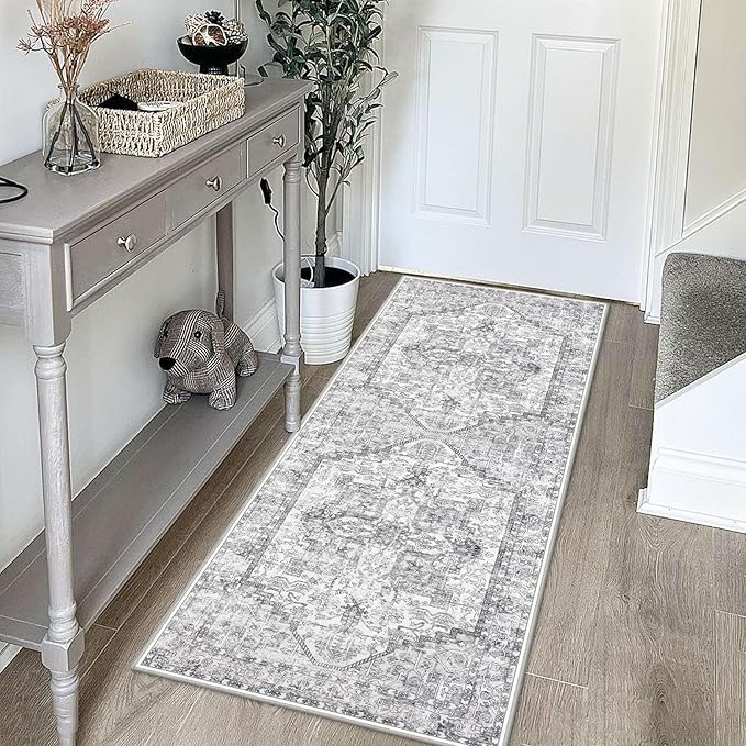 KOZYFLY Runners for Hallways 2x5 Ft Washable Kitchen Runner Rug Boho Runner Rug for Entryway Indoor Printed Oriental Faux Wool Floor Carpet Runner for Laundry Room Kitchen Hall, Gray