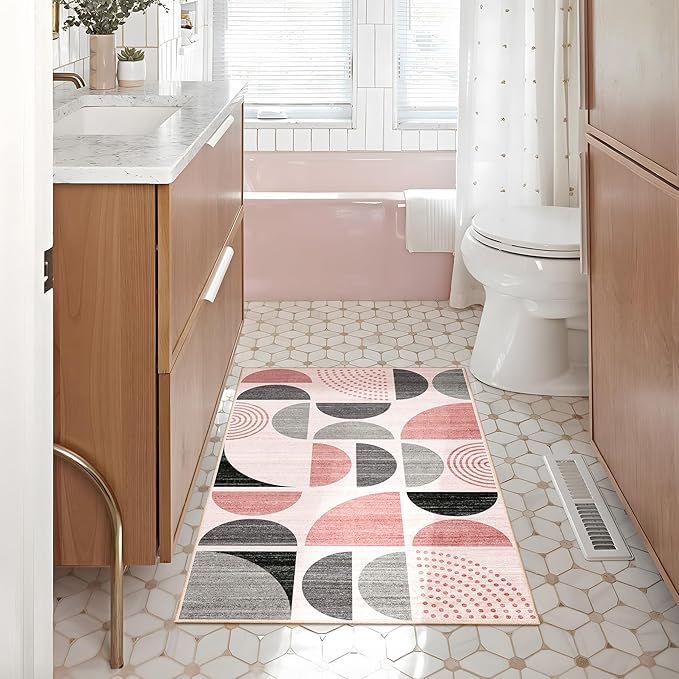 MUJOO Small Rug Washable,Boho 2x3 Area Rugs for Entryway Bathroom Entry Entrance Bedroom Kitchen,Front Door Mat Throw Carpet Non Slip Indoor Soft Modern Abstract Pink and Grey