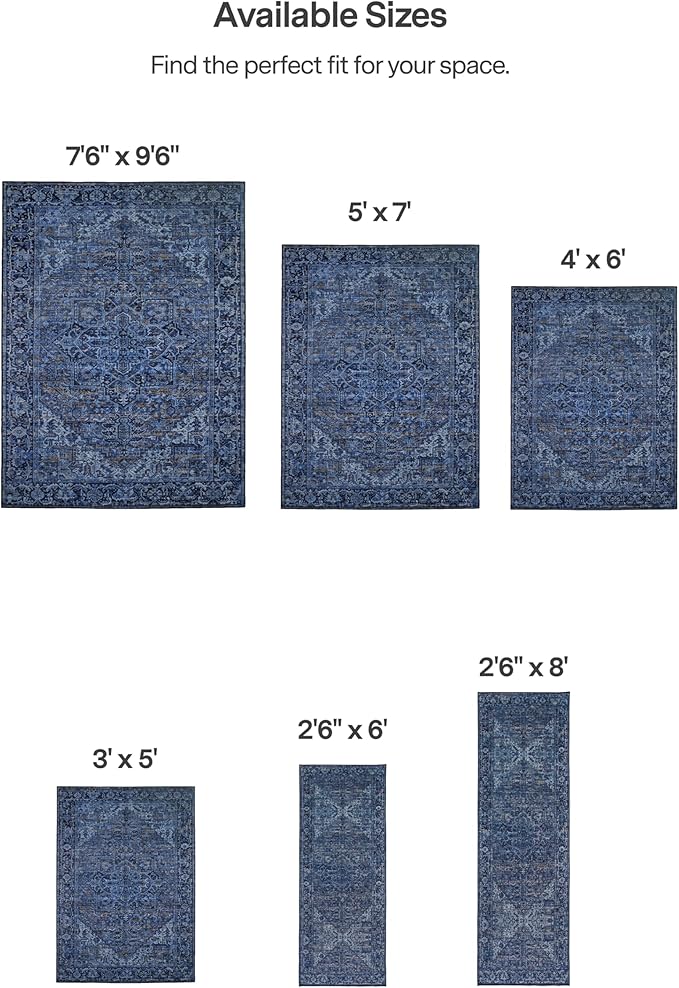 ReaLife Rugs Machine Washable Area Rug - Living Room Bedroom Bathroom Kitchen Entryway Office - Padded Low Pile Stain Resistant Premium - Boho Vintage Traditional - Lyle - Blue 4' x 6'