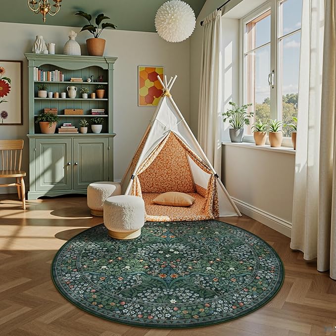 Lahome Floral Washable Round Rugs, Non-Slip Soft Round Rug 4ft Ultra-Thin, Small Stain Resistant Boho Circle Carpet for Entryway Kitchen Bedroom Nursery Bathroom, Dark Green