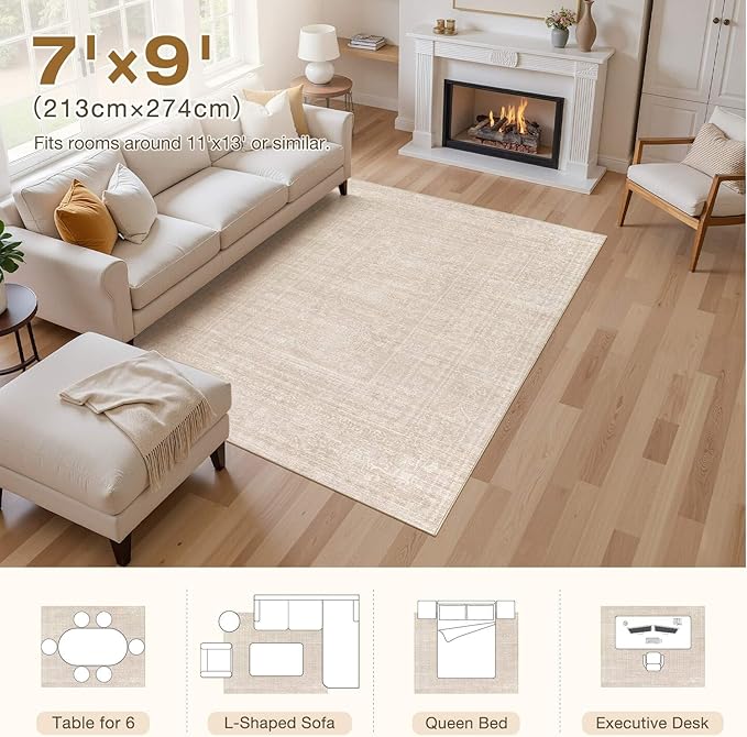 7x9 Area Rug Living Room: Washable Large Vintage Beige Rugs Neutral Non-Slip Soft Stain Resistant Indoor Carpet for Bedroom Nursery Dining Room Under Table Bed Home House Office Playroom