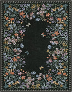 Wonnitar Washable 8x10 Rug, Non-Slip Soft Black Botanical Area Rugs for Living Room, Non-Shedding Large Bedroom Rug, Ultra-Thin Stain Resistant Floor Carpet for Dining Table (Black,8'x10')
