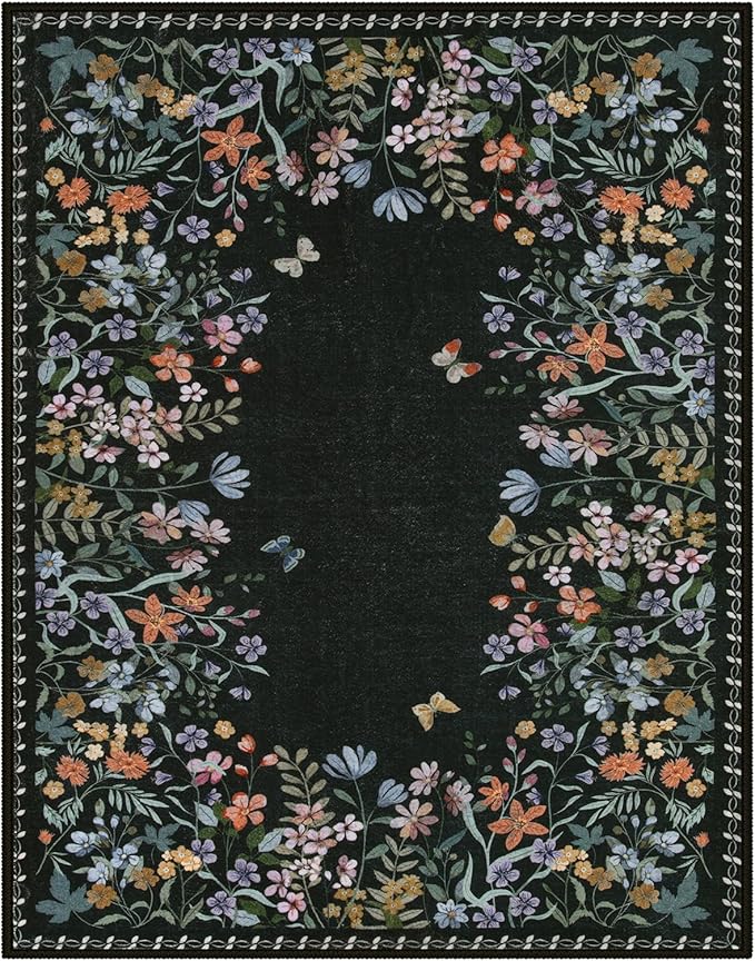 Wonnitar Washable 8x10 Rug, Non-Slip Soft Black Botanical Area Rugs for Living Room, Non-Shedding Large Bedroom Rug, Ultra-Thin Stain Resistant Floor Carpet for Dining Table (Black,8'x10')