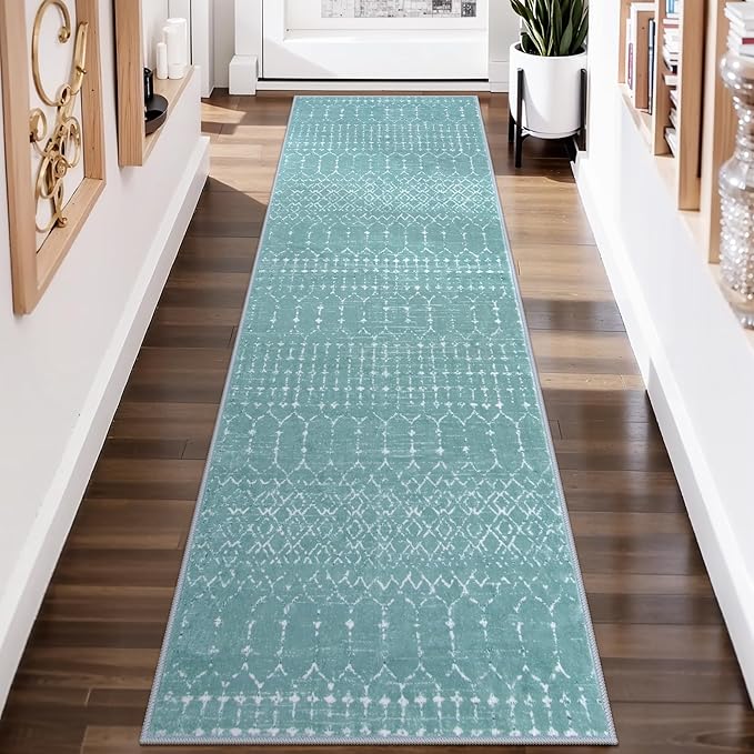 Lahome Moroccan Washable Runner Rug 2x8 Green Non-Slip Rug Runner for Hallway Stain Resisitant Kitchen Carpet, Geometric Print Distressed Soft Untra-Thin Floor Carpet for Kitchen Bedroom Entryway
