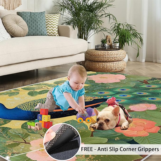Peacock Peony Rugs for Bedroom - 5x8 Rug, Peacock Decor Area Rugs for Living Room, Peony Flower Carpet, Floral Animal Washable Area Mat, Aesthetics Carpet - Peafowl Home Decor & Gifts