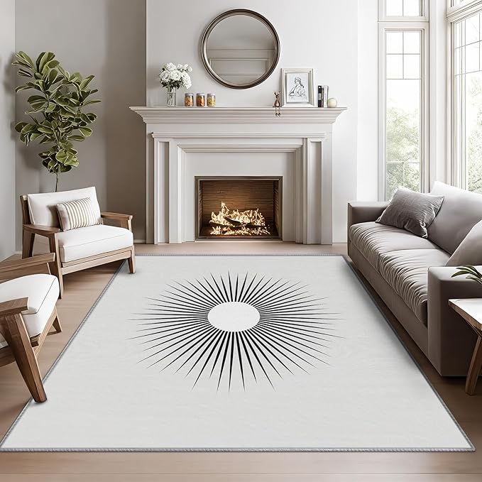 Mid Century Rugs for Living Room - 6x9 ft, Minimalist Sun Rug, Black and White Living Room Rug, Modern Abstract Washable Area Rugs for Bedroom, Optical Illusion Home Decor & Gifts