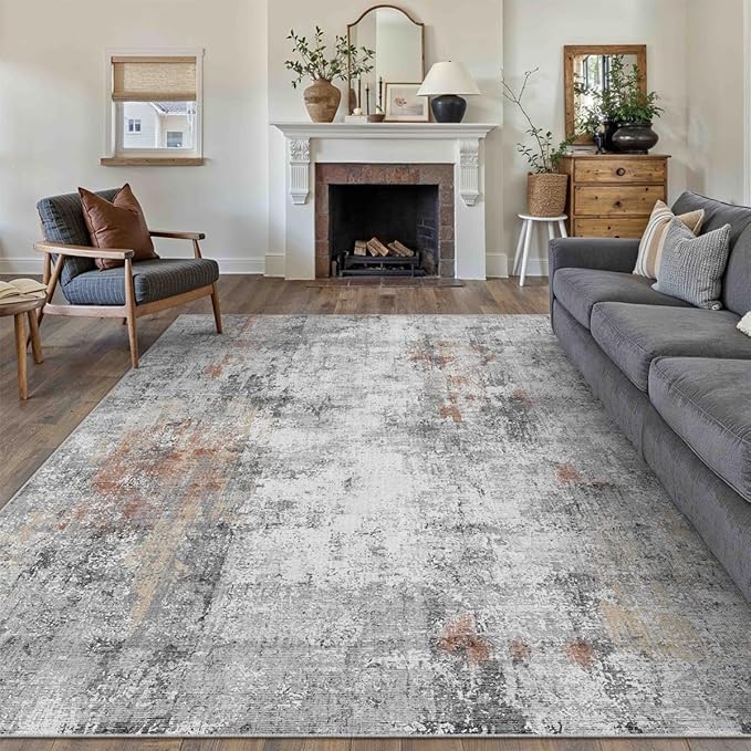 8x10 Washable Area Rug Grey Rust Abstract Living Room Bedroom Carpet Neutral Modern Non-Slip Soft Low Pile Lightweight Vacuumable Large Throw Rug for Dining Room