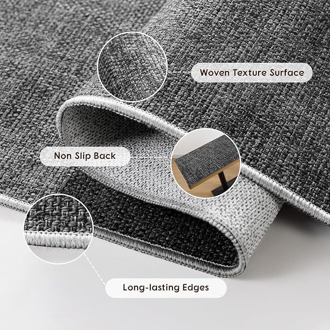 LBRO2M Easy Jute Solid Area Rug 5X7 Washable Rugs for Living Room Bedroom Natural Jute Look Indoor Outdoor Rug Durable, Solid Non Shedding Eco Friendly (5X7 Black Gray)