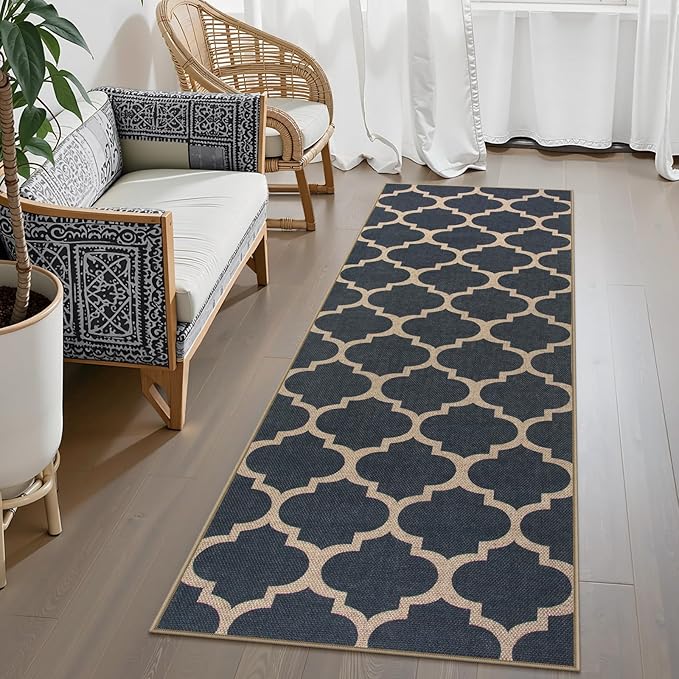 Lahome Moroccan Easy Jute Runner Rug, Blue Washable Runner Rugs for Outdoor Porch Hallway, Geometric Trellis Woven Long Carpet for Doorway, Thin Non Slip Outdoor Decor, 2'6'' x 8'