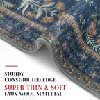 Boho Entryway Rug 2x3 Washable, Navy Floral Kitchen Rug, Super Thin Faux Wool Small Area Rug, Non-Slip Soft Carpet for Foyer, Bedroom, Office