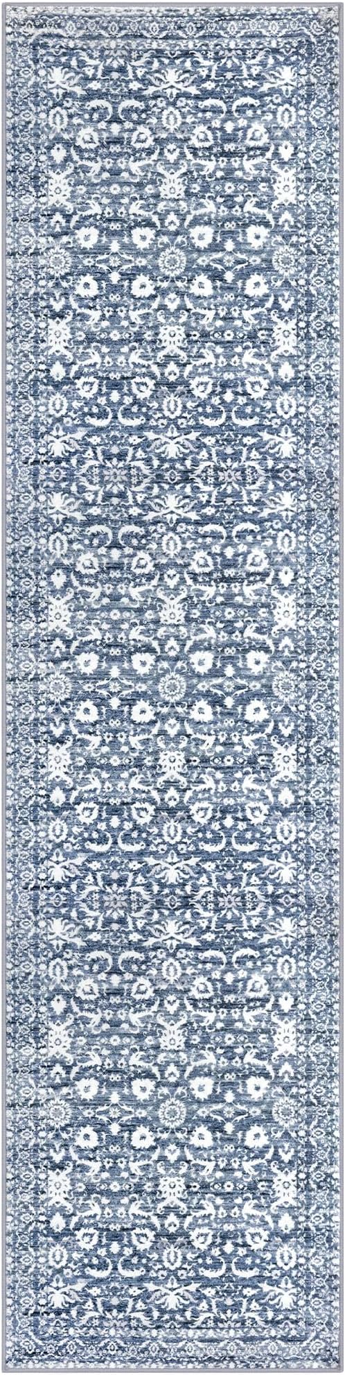 Hallway Runner Rug, Light Blue White Washable Runner Rug 2x8 Vintage Floral Kitchen Rug Runner Non Slip Thin Printed Faux Wool Super Soft Carpet for Entryway Bedroom Laundry Room Indoor