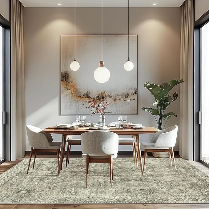 Bavni Area Rug 5x7 Machine Washable Vintage Distressed Print Ultra-Thin Chenille Bedroom Living Room Accent Rug, Low Pile Lightweight Non Slip with Gripper, Forgotten Sandstone