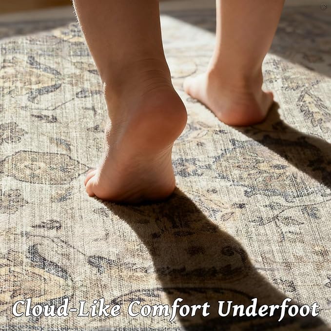 Washable 4x6 Rugs for Living Room, Boho Non-Slip Vintage Distress Small Rugs for Bedroom Nursery Office, 0.3" Neutral Oriental Throw Thin Carpet with Cushioning Pad, Flaxen/Brown/Multi