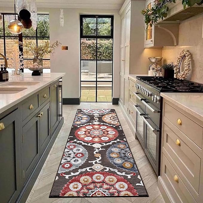 CAMILSON Runner Outdoor Rugs Oriental Retro Traditional Floral Medallion Area Rug 2x10 Non-Shedding Stain Resistant Indoor Carpet for Bathroom Hallway Kitchen Office (2 x 10 / Brown)