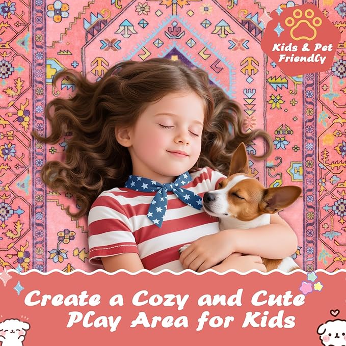 SERISSA Area Rugs 5X7 Nursery Rug for Baby Girl, Washable Non-Slip Boho Rug for Living Room, Ultra Soft Cute Fuchsia Pink Rugs for Bedroom Playroom Kids Room Dining Room Office Dorm Decor
