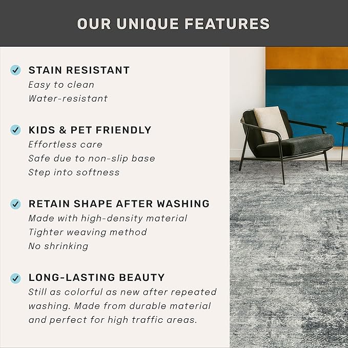 5x8 Large Entryway Rug Washable - Dark Blue and Gray Rug for Mudroom, Foyer, Hall, Living Room, Washable Low Pile Stain Resistent Slate Blue Décor