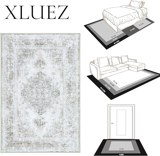 Area Rug 10x12 Living Room Rugs, Machine Washable Vintage Distressed Medallion Rug Non-Slip Soft Low Pile Large Indoor Rugs for Bedroom Kitchen Dining Room Office(Taupe,10'x12')