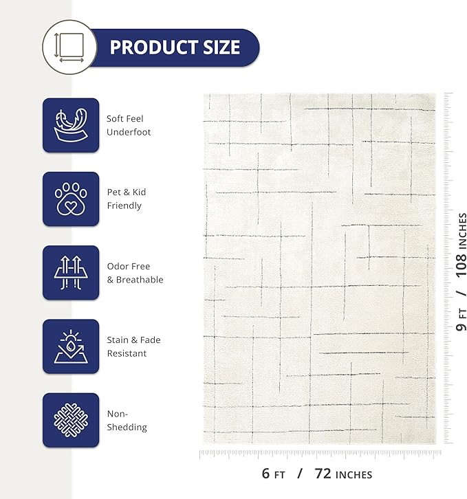 Abani Cream Area Rug – 6' x 9' – Oliver Collection – Striped Pattern – Non-Shedding, Easy to Clean – Durable for Living Room, Bedroom, or Office, Pet & Child Friendly