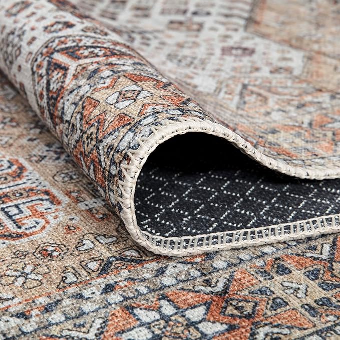 Bloom Rugs Washable Non-Slip 3' x 5' Rug - Sand/Orange/Purple Traditional Medallion Area Rug for Living Room, Bedroom, Dining Room, and Kitchen - Exact Size: 3' x 5'