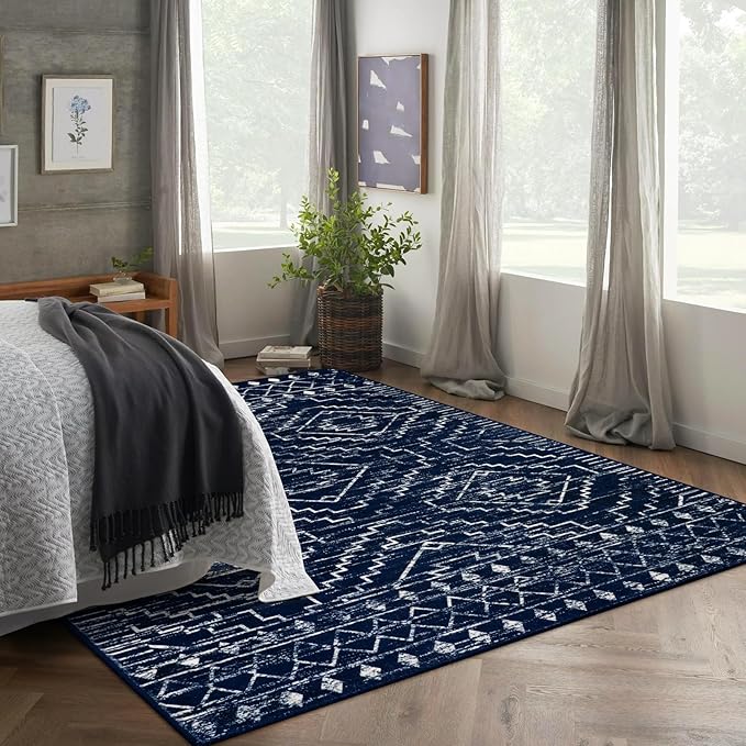Wonnitar Moroccan Washable 6x9 Rug, Blue Large Living Room Area Rug, Non-Slip Boho Soft Rug for Bedroom, Non-Shedding Ultra-Thin Geometric Carpet for Dining Room Kitchen Basement (Blue,6'x9')