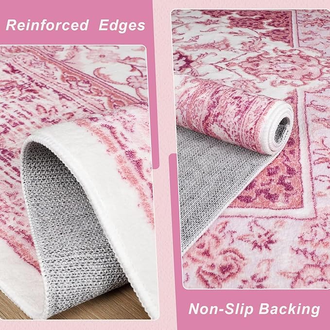 Bright Pink Area Rug for Living Room, 6x9 Machine Washable Rugs with Non-Slip Backing for Girls Bedroom, Large Vintage Carpet for Kitchen Laundry Kids Room