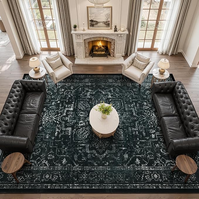 Black White Large 10x14 Area Rugs, Washable Non Slip Big Rug for Living Room Bedroom, Distressed Medallion Vintage Dark Big Carpet Rugs for Dinig Room Family Rooms, Low Pile Thin