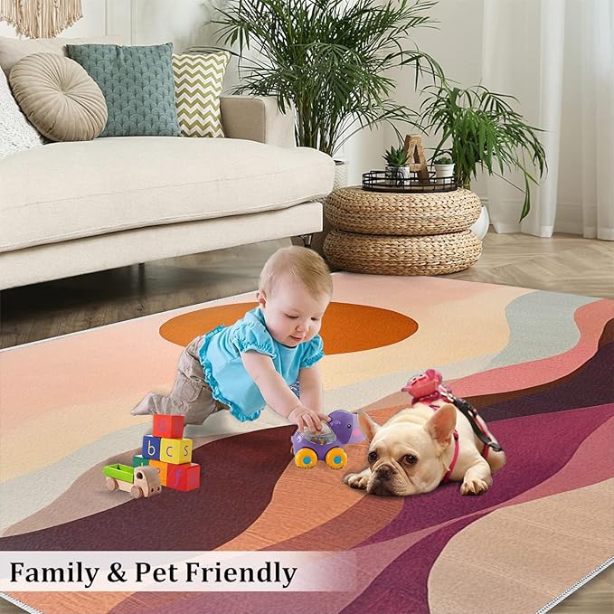 Boho Sun Area Rugs 5x8ft, Minimalist Line Living Room Carpet, Geometric Solar Decorative Carpet Protect Floor for Bedroom Men Office Hardwood Floors