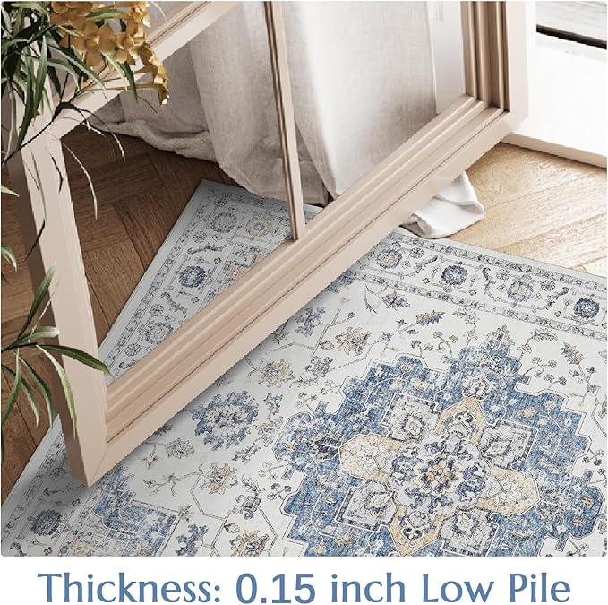 jinchan Area Rug 6x9 Vintage Washable Living Room Rug Floral Medallion Non Slip Thin Floor Cover Retro Classic Soft Boho Farmhouse Carpet for Bedroom Dining Room Kitchen Blue