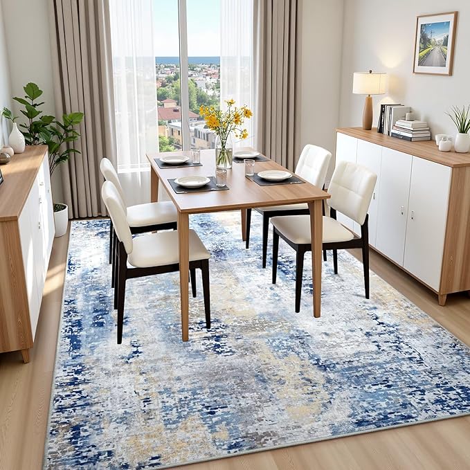 Washable Abstract Rug, 5x7 Modern Area Rugs with Non-Slip Rubber Backed for Living Room, Thin but Soft Contemporary Carpet Kitchen Bedroom Dining Room Decor, Midnight Blue