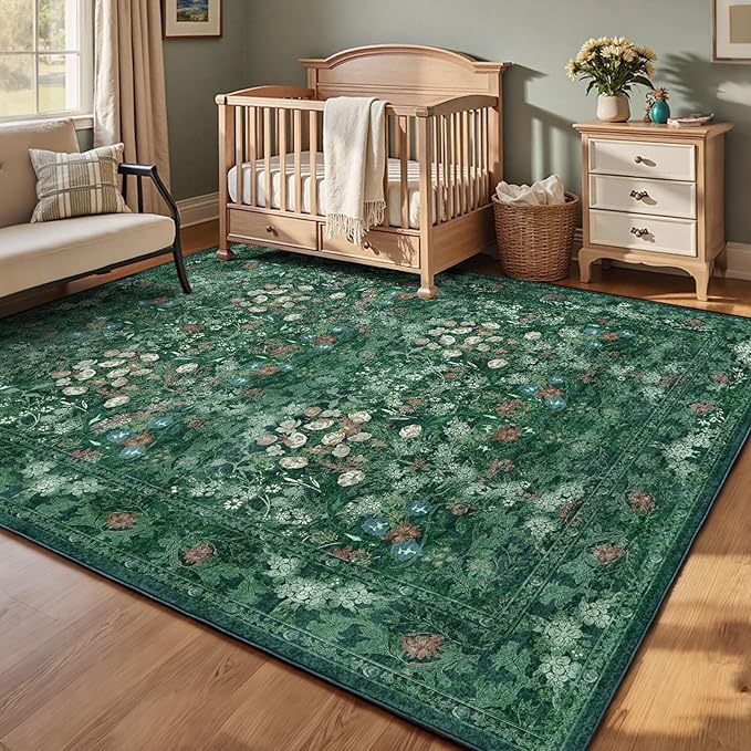 Green Boho Living Room 5x7 Area Rug, Floral Washable Vintage Distressed Rug for Dining Room Under Table, Bedroom, Nursery, Home Office - Low Pile Non Slip Art Deco Carpet, Farmhouse Accent Mat