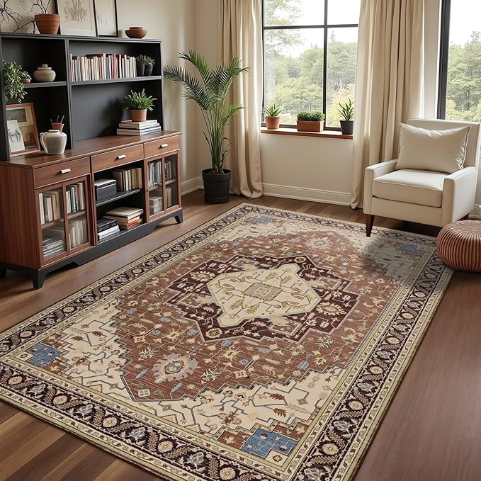 6x9 Mousse Brown Area Rug for Living Room, Machine Washable Rugs with Non-Slip Backing for Bedroom, Vintage Medallion Carpet Dining Room Office Kids Room Decor
