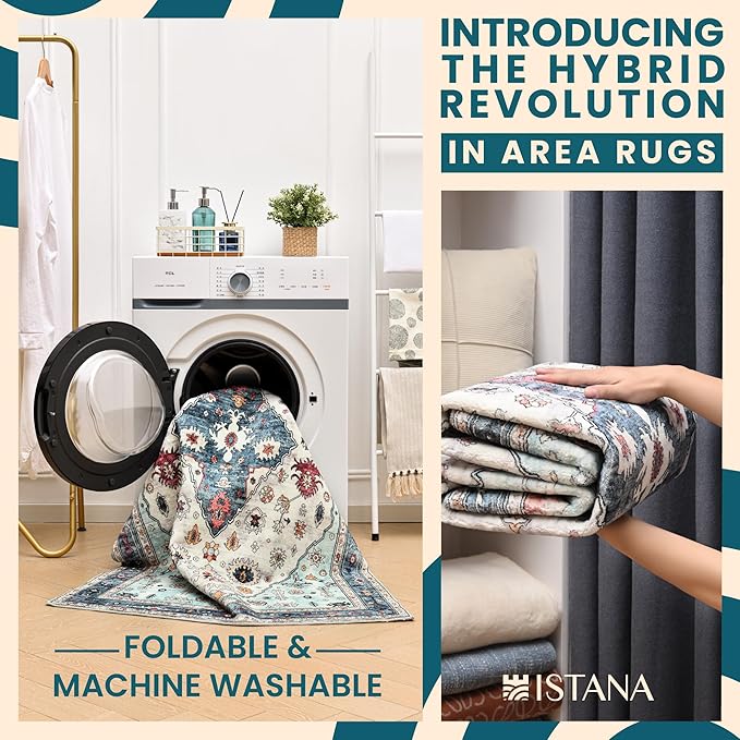 Istana Hallway Runner Rug 2.5x8 – White Cream/Blue Entryway Rug -Silk's Soft Touch Runners for Hallways - Stylish Kitchen Runner Rug Non Slip