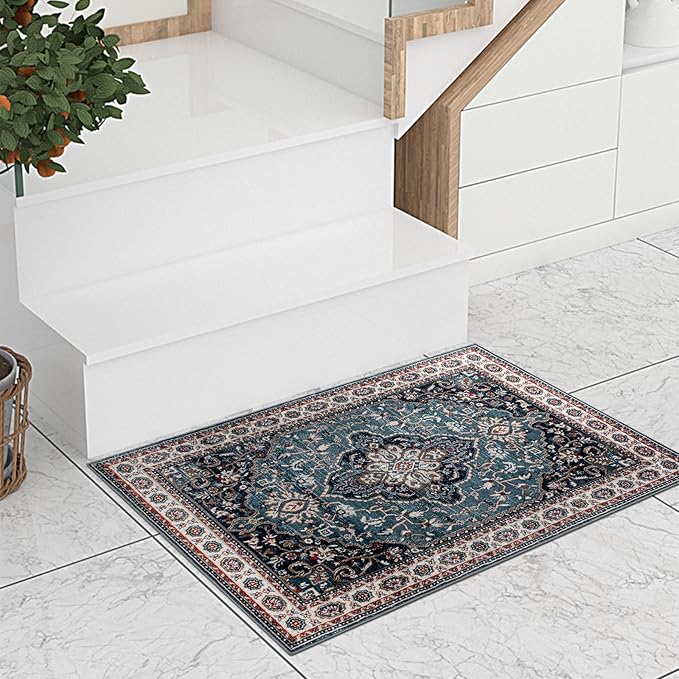 Easy-Going Area Rug 3x5 Entryway Rug Washable Inside Door Mats for Home Entrance Non-Slip Vintage Retro Small Rugs for Entry Living Room Bedroom Kitchen Bathroom Office Lightweight Carpet, Teal Brick