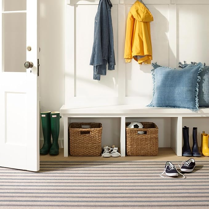 Dash and Albert Nimes Ticking Machine Washable Area Rug - 5' x 8' Neutral Stripe Washable Accent Rug - Durable, High Traffic Areas Kitchen, Mudroom, Hallways