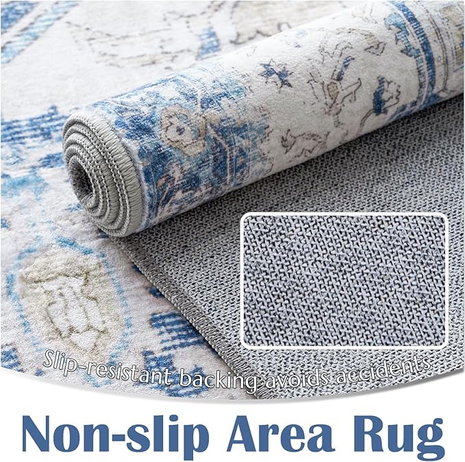 jinchan Kelda Runner Rug 3x10 Washable Rug Soft Hallway Runner Indoor Vintage Print Floor Cover Retro Distressed Lightweight Non-Slip Thin Carpet for Bathroom Kitchen Living Room Bedroom Blue