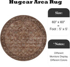 HUGEAR Round Rug 5ft Entryway Rugs Machine Washable Brick Red Hallway Area Rug 5x5 Small Circle Accent Rug Floral Low Pile Carpet Soft Throw Rug Living Room Office Laundry Room Entrance Non Slip