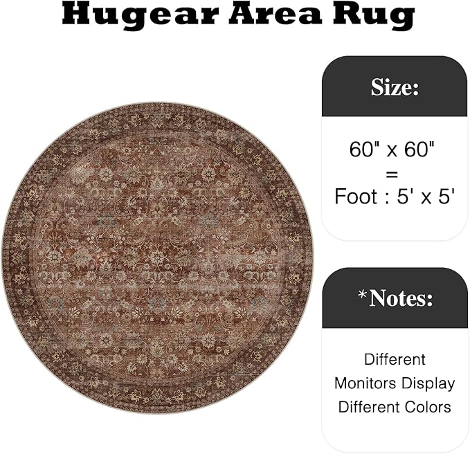 HUGEAR Round Rug 5ft Entryway Rugs Machine Washable Brick Red Hallway Area Rug 5x5 Small Circle Accent Rug Floral Low Pile Carpet Soft Throw Rug Living Room Office Laundry Room Entrance Non Slip