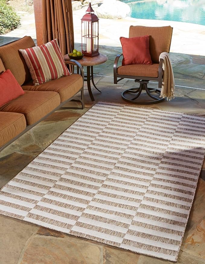 Unique Loom Outdoor Striped Collection Area Rug - Striped (7' 10" x 10' Rectangle Taupe/Ivory)