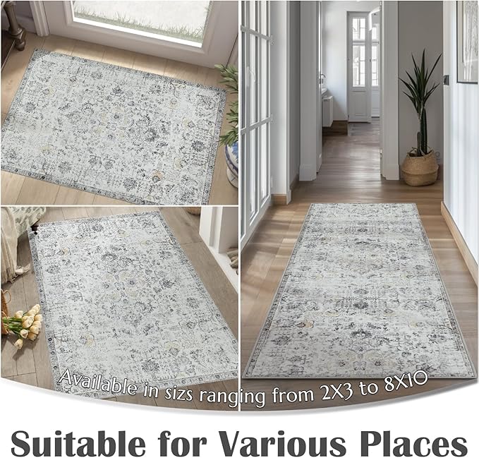 jinchan Kalen Runner Rug 3x10 Washable Area Rug Soft Vintage Indoor Floor Cover Thin Retro Distressed Grey Multi Carpet Floral Print Country Non Slip for Bathroom Kitchen Bedroom Living Room