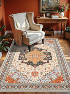4x6 Orange Beige Area Rug for Living Room, Machine Washable Rugs with Non-Slip Backing for Bedroom, Vintage Medallion Carpet Kitchen Laundry Kids Room Decor