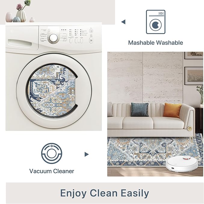 8x10 Area Rug Machine Washable Boho Rug for Living Room,Ultra-Thin Low Pile Carpet,Lightweight Indoor Printed Rug,Non Slip Floral Area Rug for Bedroom, Dining Room, Home Office,Blue