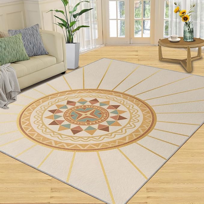 Boho Sun Area Rugs 3x5ft, Minimalist Line Boys Rugs for Bedroom, Geometric Solar Kids Room Rug Soft Fuzzy Washable for Living Room Game Room Coffee Table
