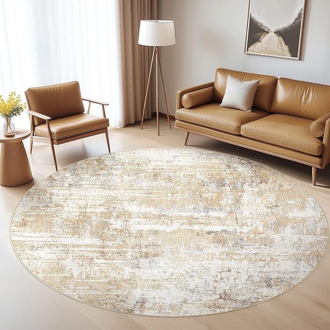 Round Rug Living Room Rugs: 4x4 Washable Circle Abstract Modern Soft Stain Resistant Non-Slip Indoor Floor Carpet for Bedroom Entryway Nursery Office Dorm Home House Decor- Gray Gold