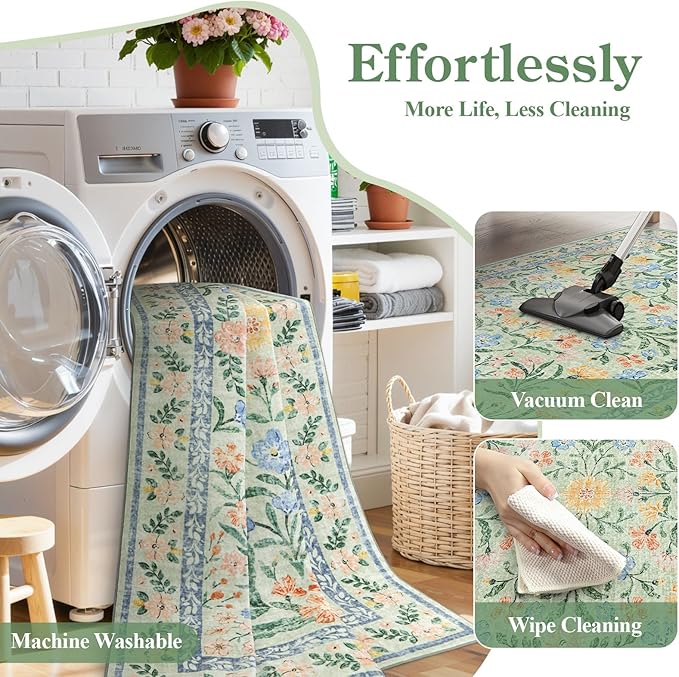 Wonnitar Boho Washable Rugs 8x10, Large Floral Rugs for Bedroom, 8 x 10 Soft Green Living Room Carpet, Non Slip Ultra-Thin Carpet for Kids Playroom Dorm Dining Room
