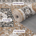 DEXI 8x10 Area Rug for Living Room, Washable Vintage Farmhouse Thin Rug Indoor Floor, Non Slip Stain Resistant Low Pile Carpet for Dining Room Bedroom Office, Brown