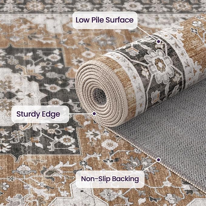 DEXI 8x10 Area Rug for Living Room, Washable Vintage Farmhouse Thin Rug Indoor Floor, Non Slip Stain Resistant Low Pile Carpet for Dining Room Bedroom Office, Brown