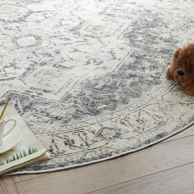 jinchan Kelda Round Rug 7ft Washable Area Rug Indoor Vintage Bedroom Floor Cover Distressed Circle Mat 7' Round Lightweight Non Slip Low Pile Thin Farmhouse Carpet for Living Room Dining Room Grey