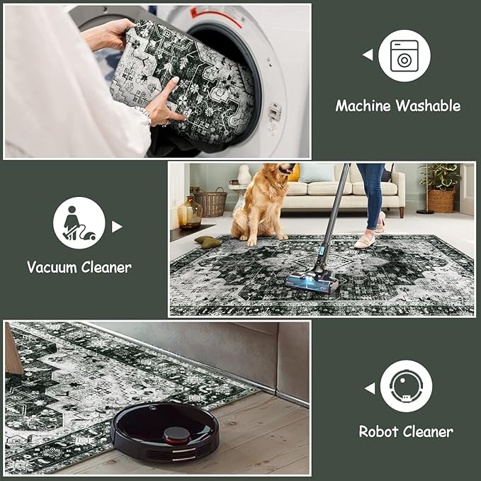 Moynesa Washable 2x3 Entryway Rug Small Front Door Mat, Black and White Kitchen Rugs Non Skid Non-Slip with Rubber Backing, Distressed Low Pile Throw Carpet for Indoor Outside Entrance
